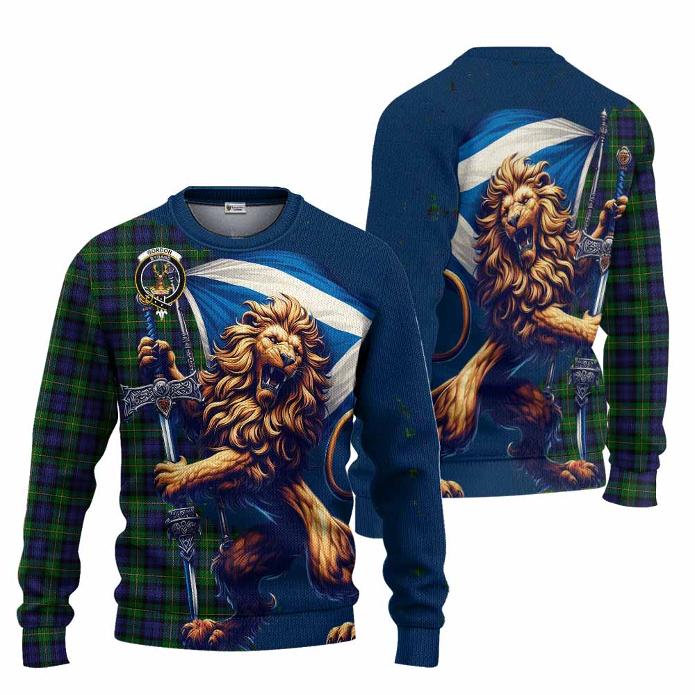 Tartan Vibes Clothing Gordon Tartan Family Crest Knitted Sweater with Scottish Majestic Lion