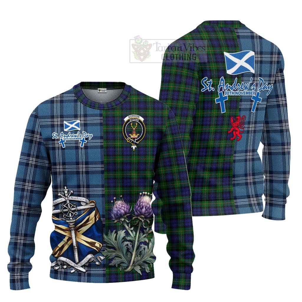 Tartan Vibes Clothing Gordon Tartan Knitted Sweater Happy St. Andrew's Day Half Tartan Style