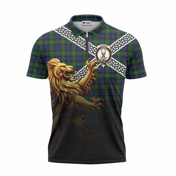 Gordon Crest Tartan Zipper Polo Shirt with Golden Lion Emblem Celtic Style Unisex - Tartan Vibes Clothing