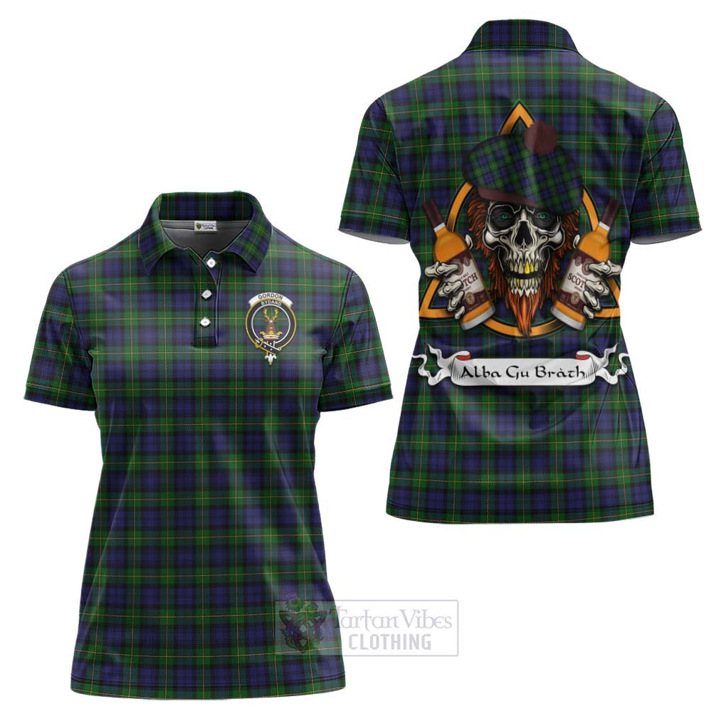 Tartan Vibes Clothing Gordon Tartan Women's Polo Shirt with Family Crest and Bearded Skull Holding Bottles of Whiskey