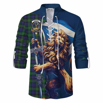 Gordon Tartan Family Crest Ghillie Kilt Shirt with Scottish Majestic Lion