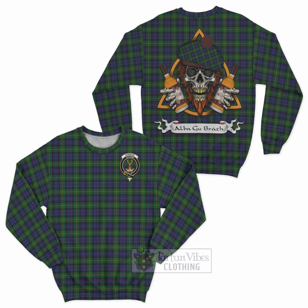 Tartan Vibes Clothing Gordon Tartan Sweatshirt with Family Crest and Bearded Skull Holding Bottles of Whiskey