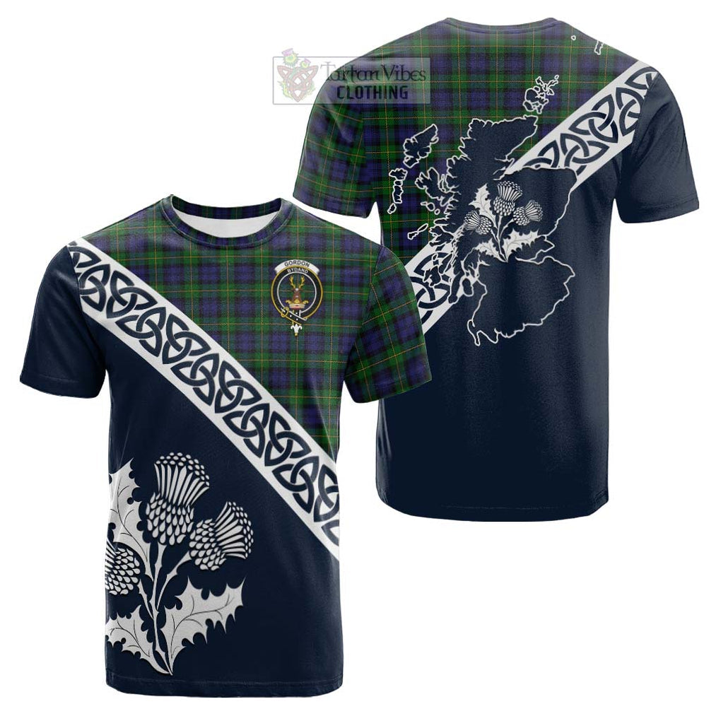 Tartan Vibes Clothing Gordon Tartan Cotton T-shirt Featuring Thistle and Scotland Map