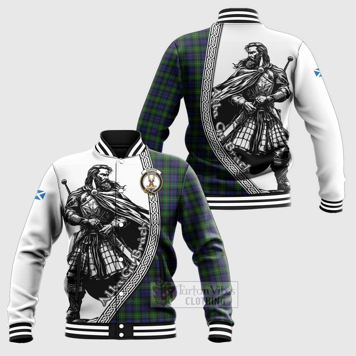 Tartan Vibes Clothing Gordon Tartan Clan Crest Baseball Jacket with Highlander Warrior Celtic Style