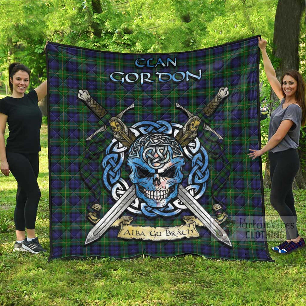 Tartan Vibes Clothing Gordon Tartan Quilt with Celtic Skull Alba Gu Brath Style