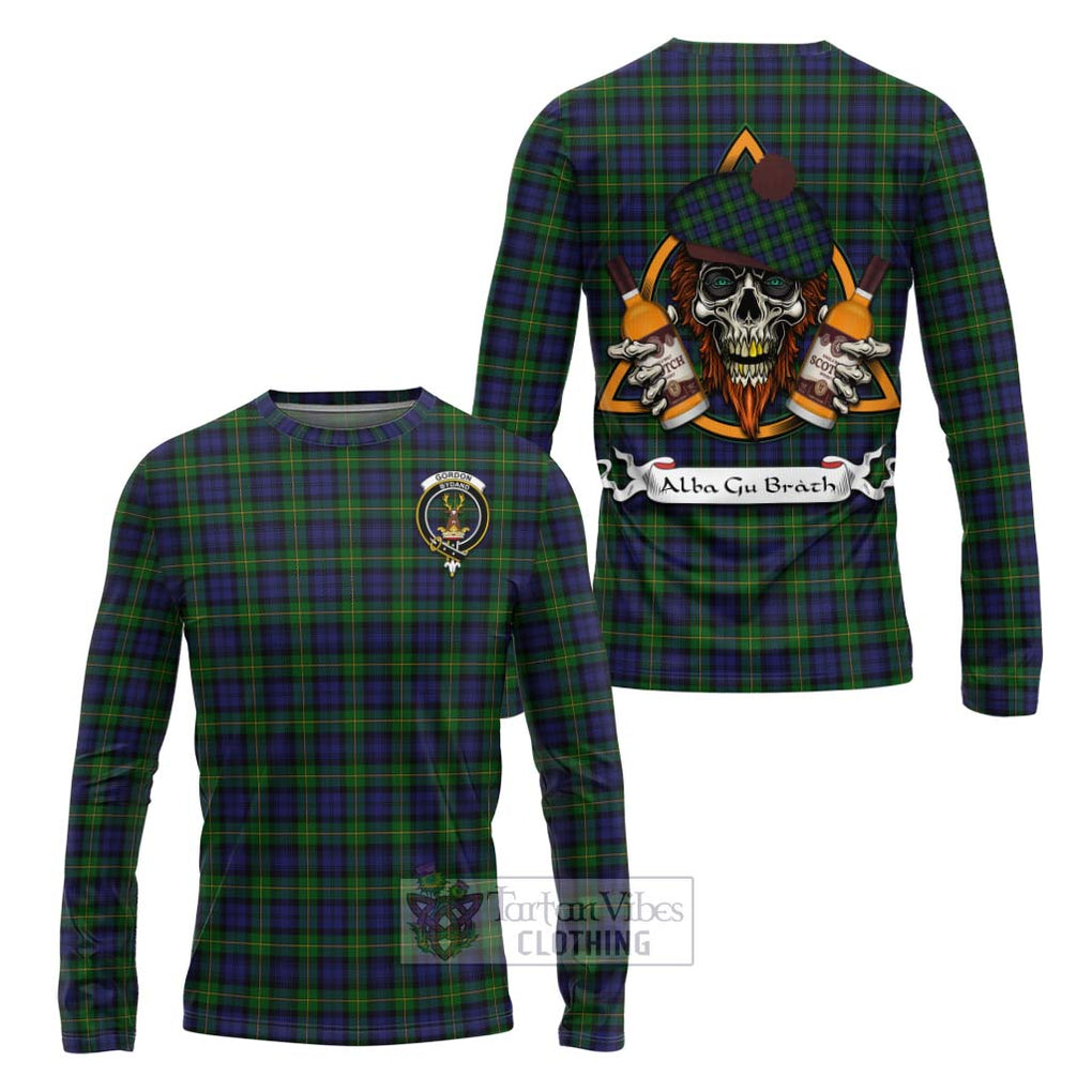 Tartan Vibes Clothing Gordon Tartan Long Sleeve T-Shirt with Family Crest and Bearded Skull Holding Bottles of Whiskey