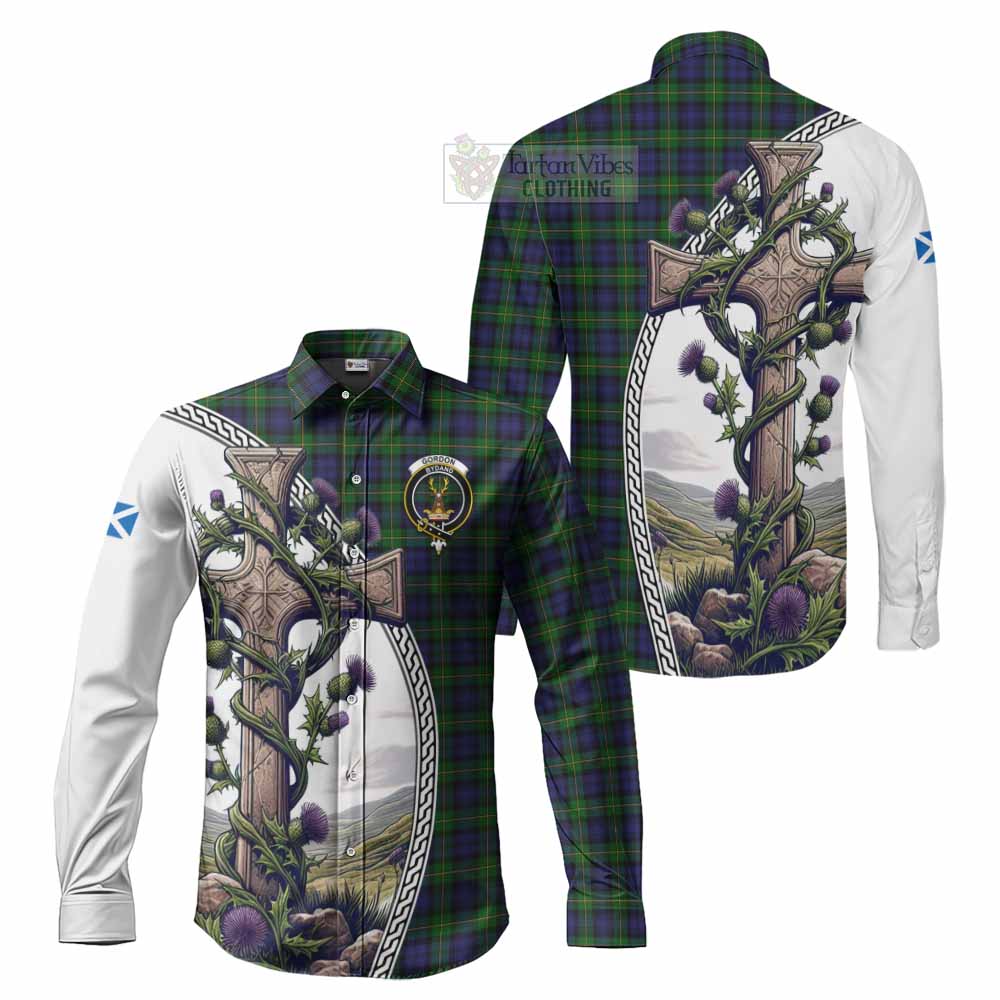 Tartan Vibes Clothing Gordon Tartan Long Sleeve Button Shirt with Family Crest and St. Andrew's Cross Accented by Thistle Vines