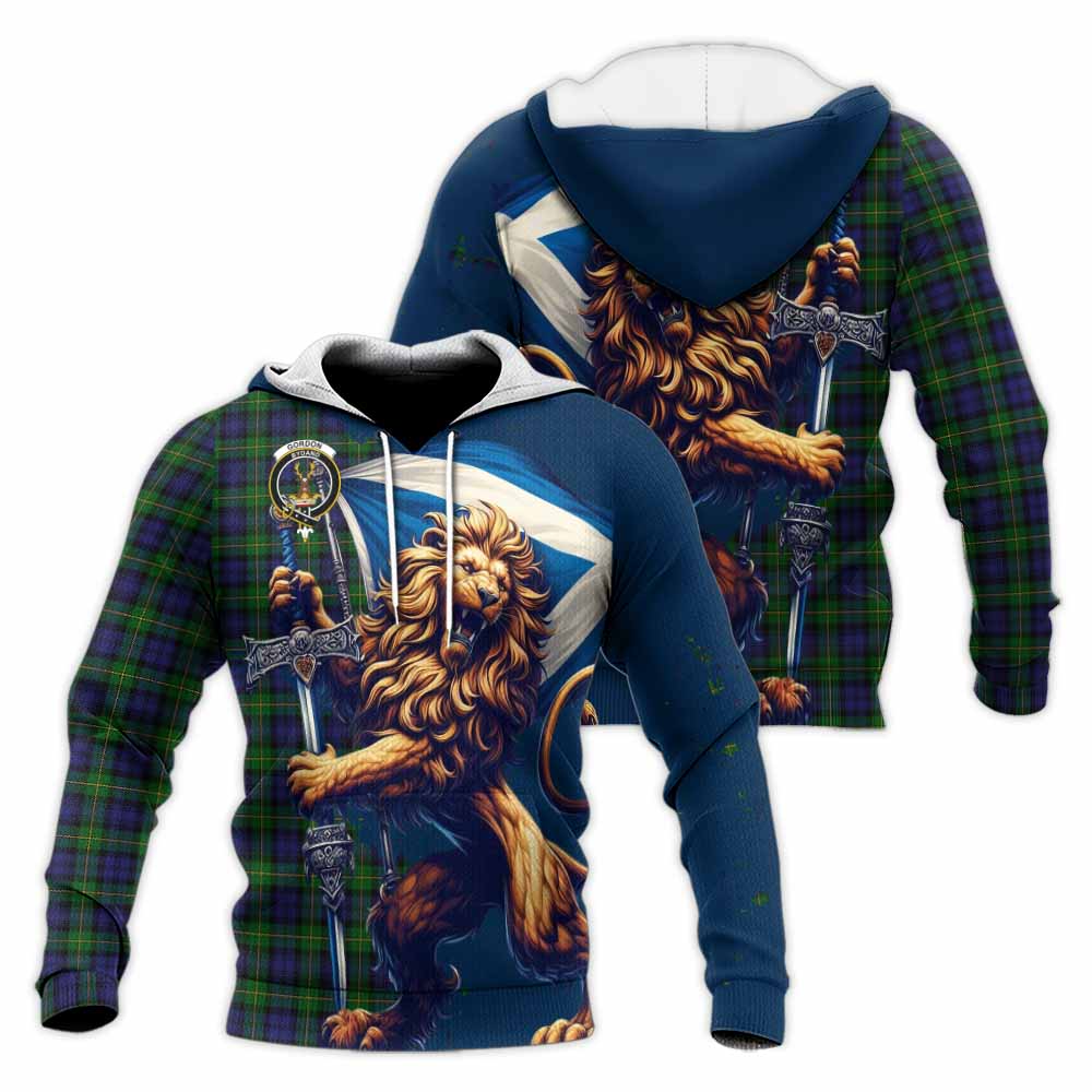 Tartan Vibes Clothing Gordon Tartan Family Crest Knitted Hoodie with Scottish Majestic Lion