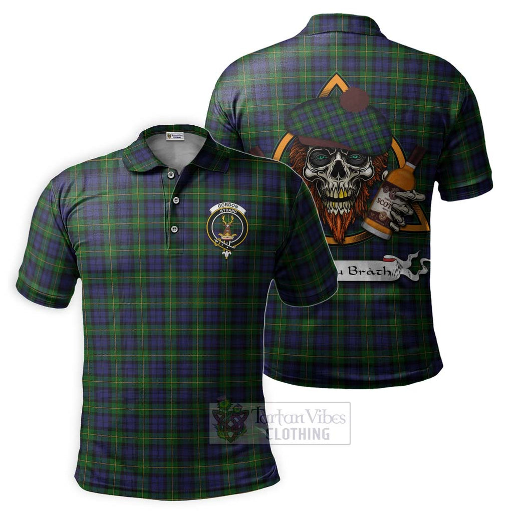 Tartan Vibes Clothing Gordon Tartan Polo Shirt with Family Crest and Bearded Skull Holding Bottles of Whiskey