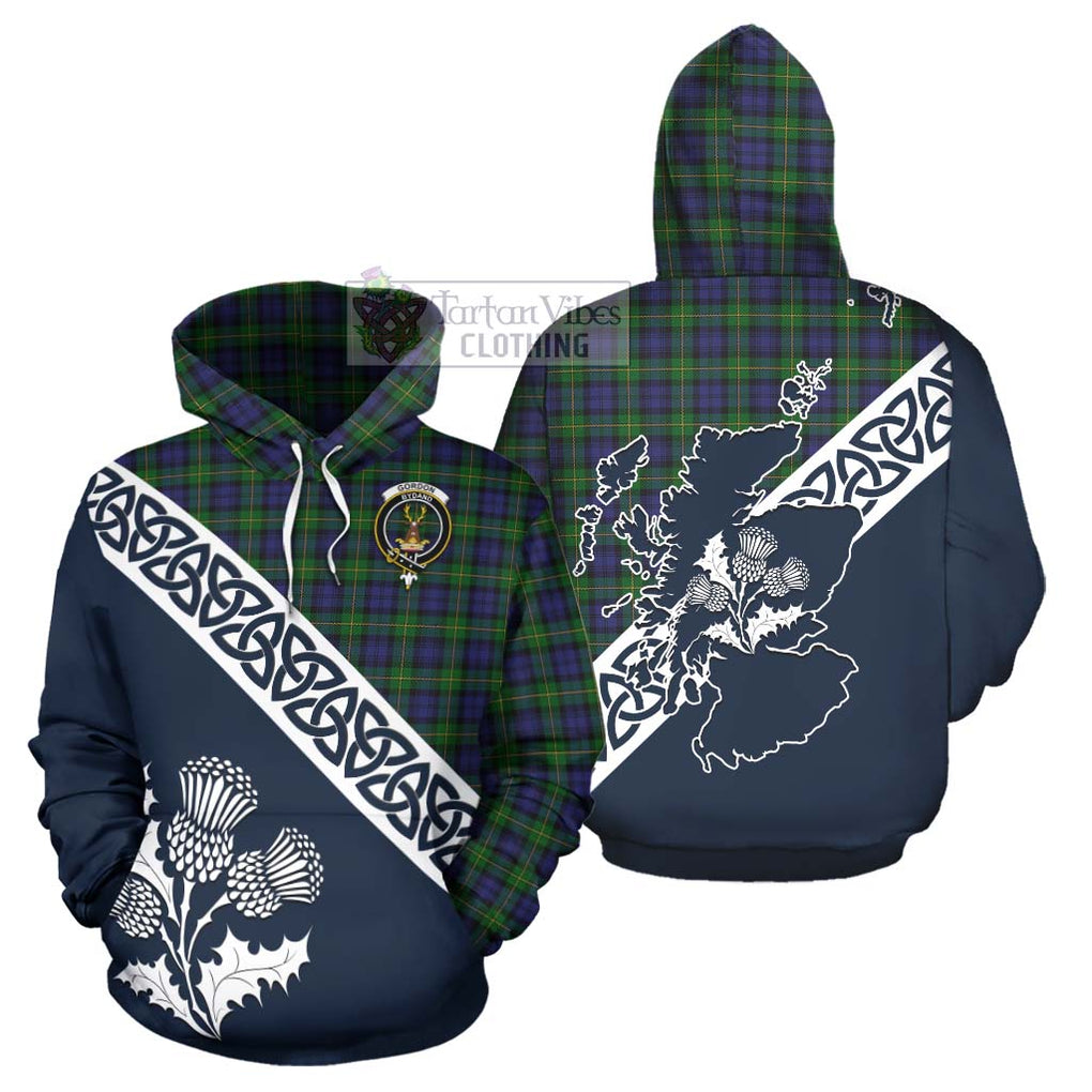 Tartan Vibes Clothing Gordon Tartan Hoodie Featuring Thistle and Scotland Map