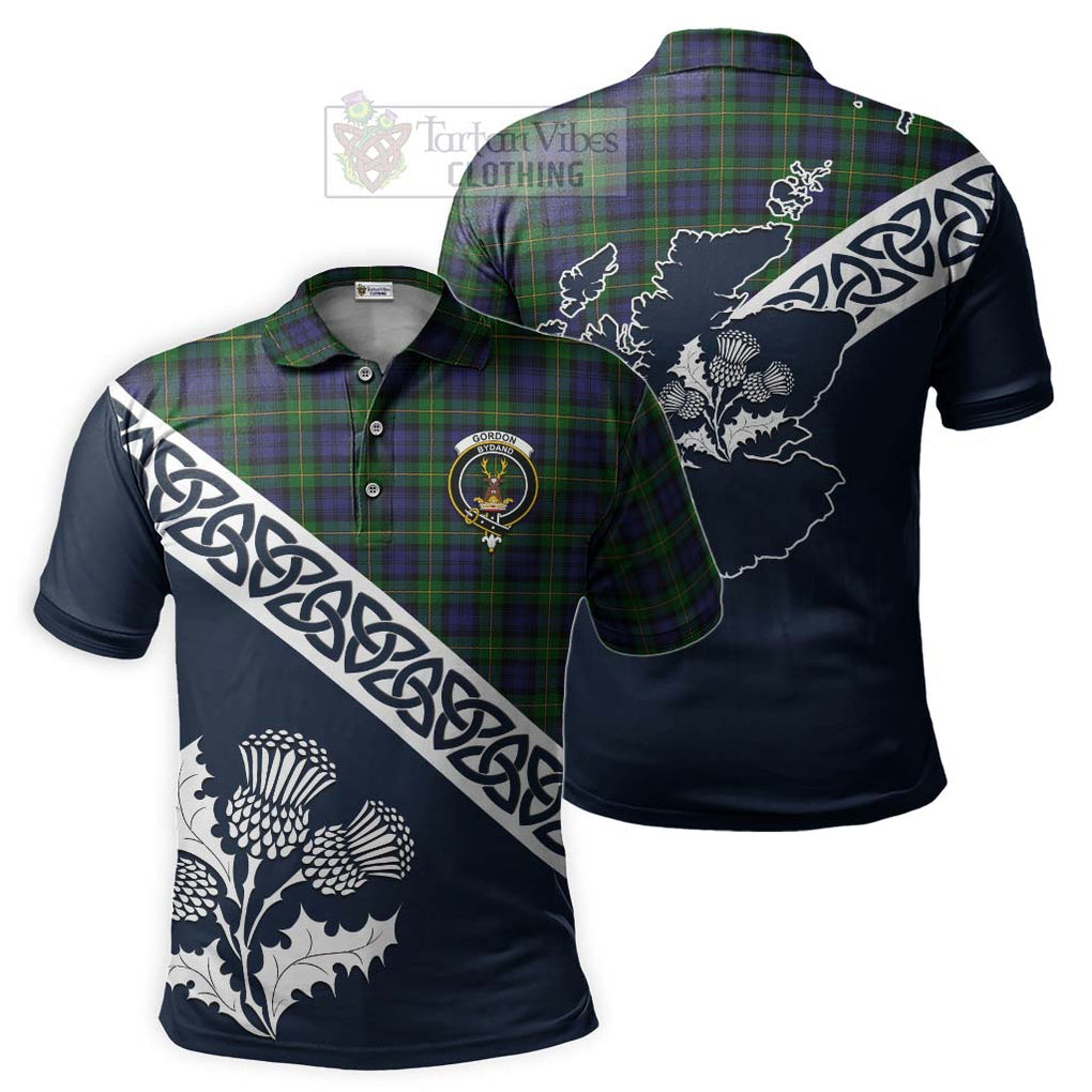 Gordon Tartan Polo Shirt Featuring Thistle and Scotland Map