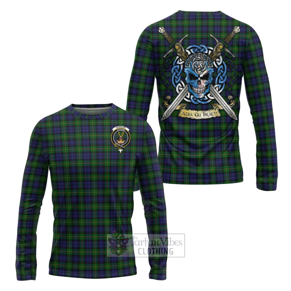 Tartan Vibes Clothing Gordon Tartan Long Sleeve T-Shirt with Family Crest Celtic Skull Style