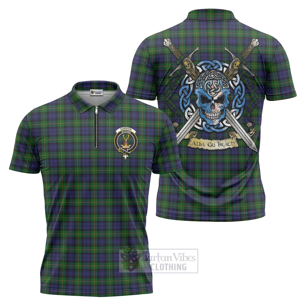 Tartan Vibes Clothing Gordon Tartan Zipper Polo Shirt with Family Crest Celtic Skull Style