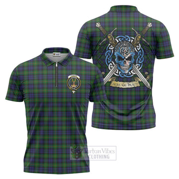 Gordon Tartan Zipper Polo Shirt with Family Crest Celtic Skull Style