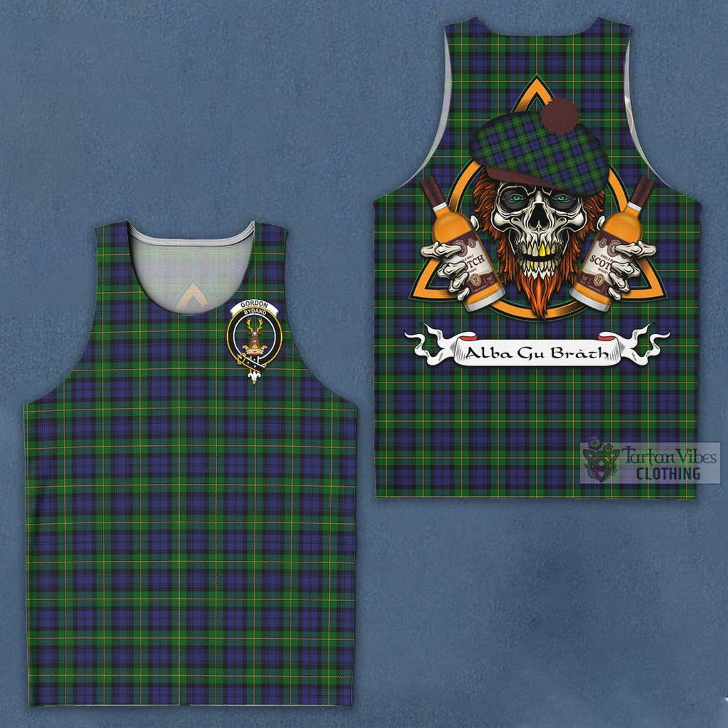 Tartan Vibes Clothing Gordon Tartan Men's Tank Top with Family Crest and Bearded Skull Holding Bottles of Whiskey