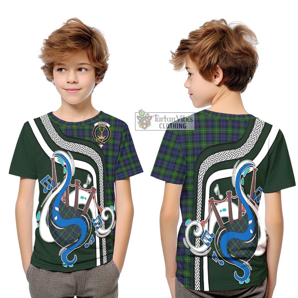 Tartan Vibes Clothing Gordon Tartan Kid T-Shirt with Epic Bagpipe Style