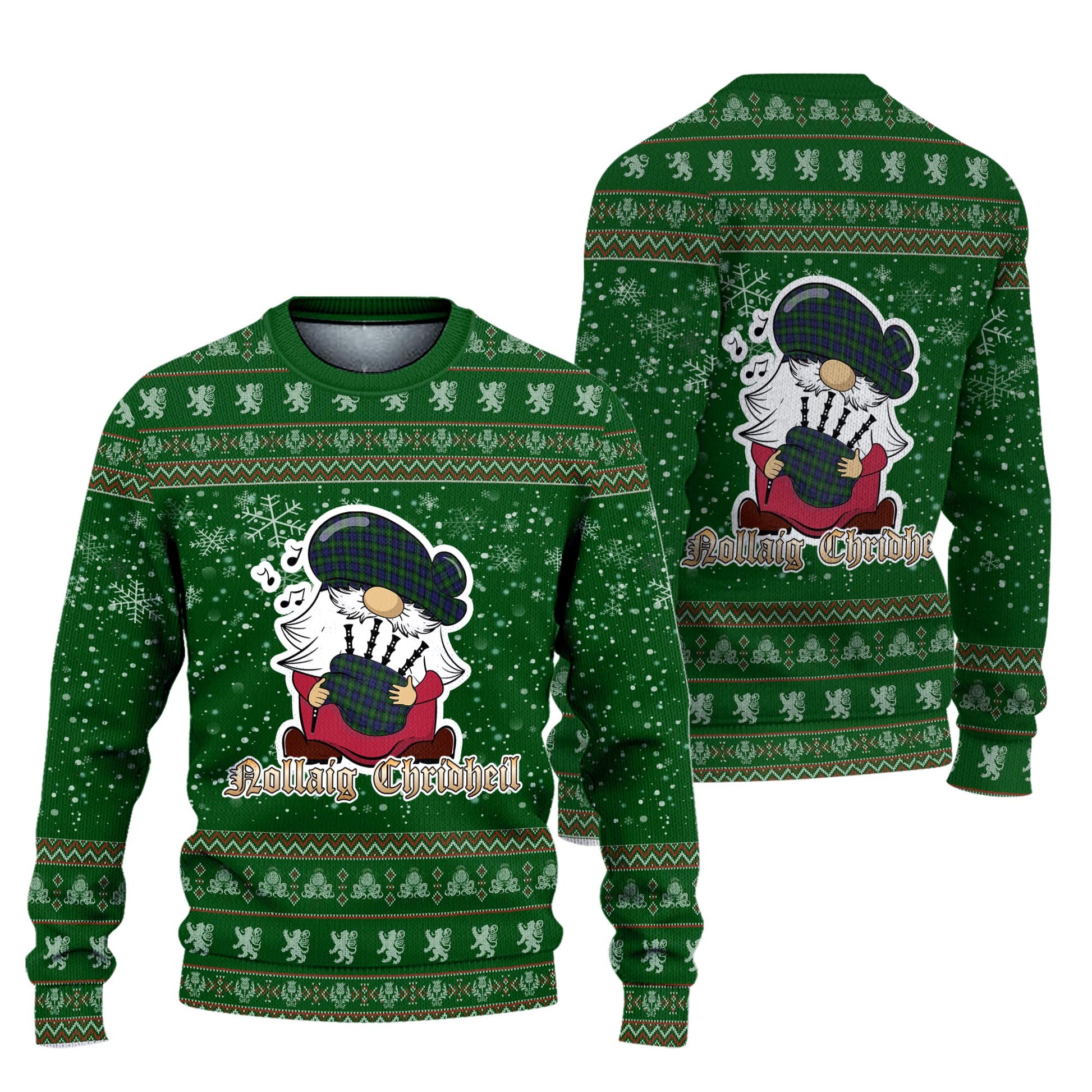 Gordon Clan Christmas Family Knitted Sweater with Funny Gnome Playing Bagpipes Unisex Green - Tartanvibesclothing