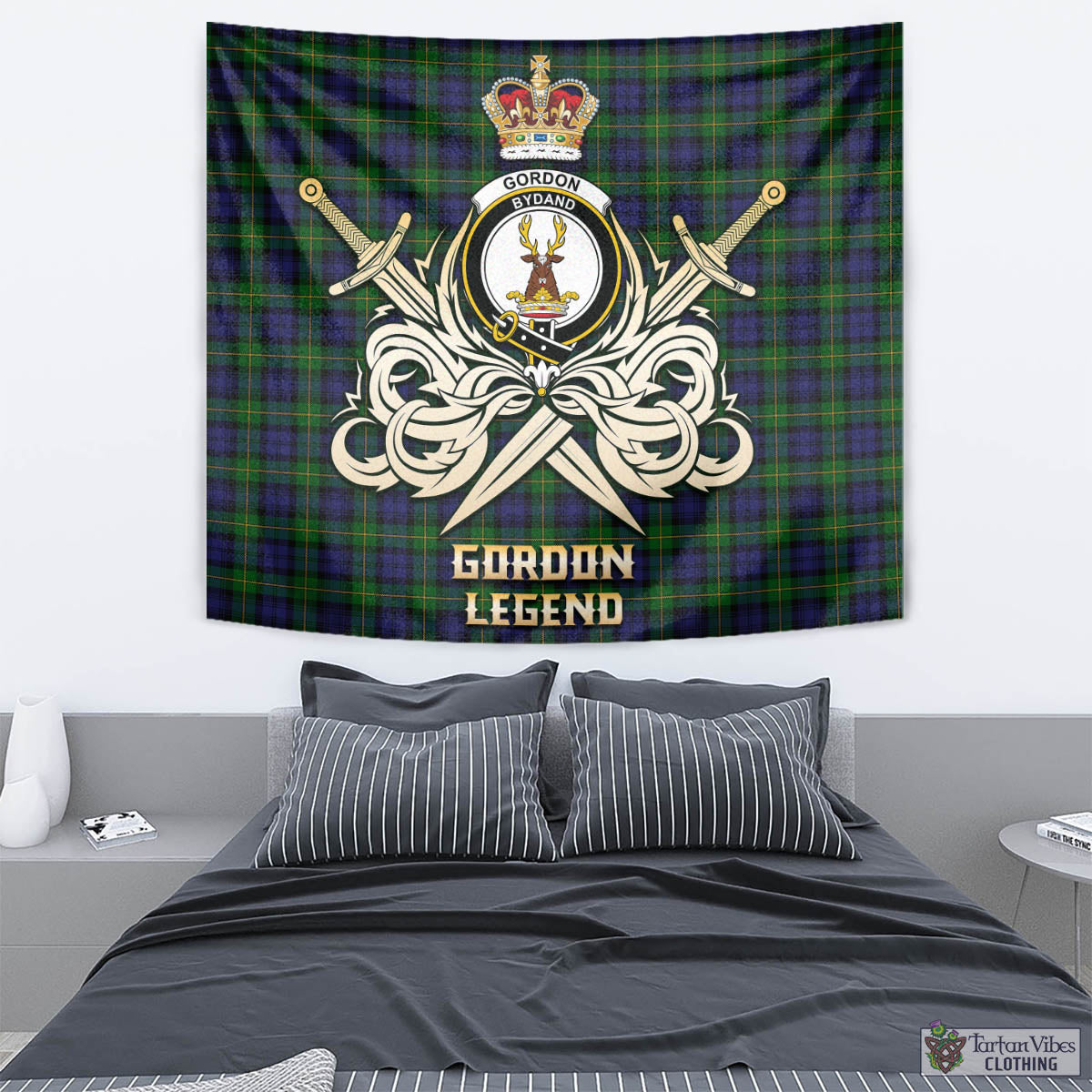 Tartan Vibes Clothing Gordon Tartan Tapestry with Clan Crest and the Golden Sword of Courageous Legacy