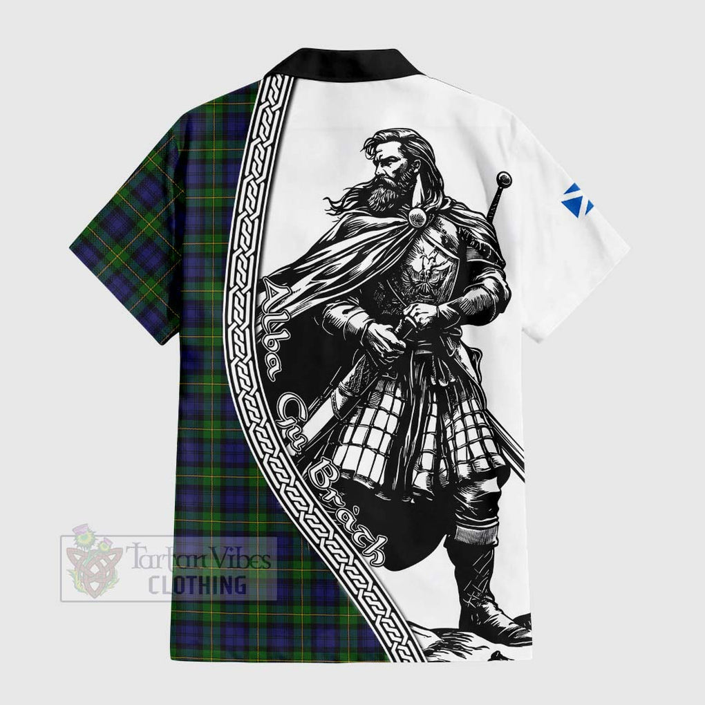 Tartan Vibes Clothing Gordon Tartan Clan Crest Short Sleeve Button Shirt with Highlander Warrior Celtic Style