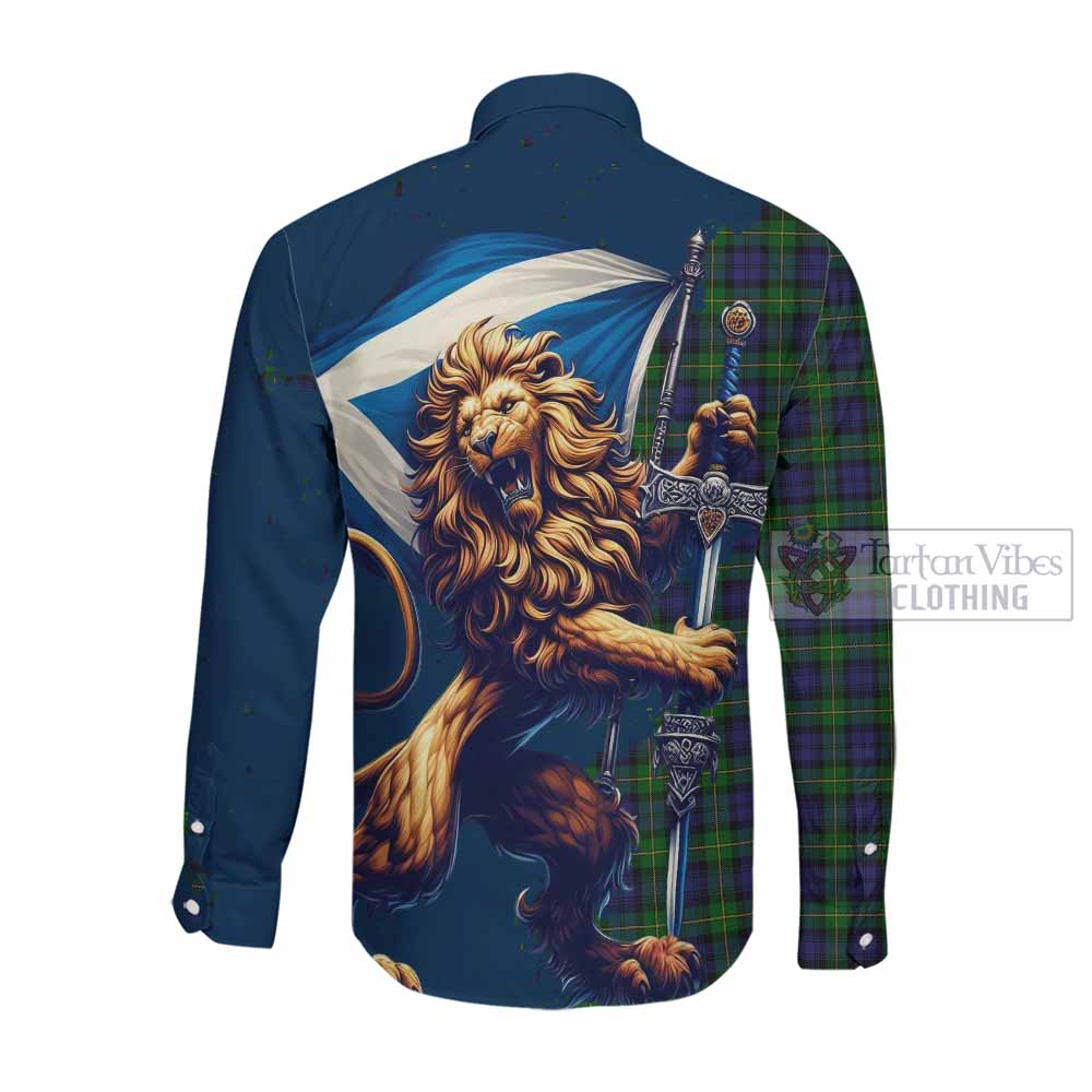 Tartan Vibes Clothing Gordon Tartan Family Crest Long Sleeve Button Shirt with Scottish Majestic Lion