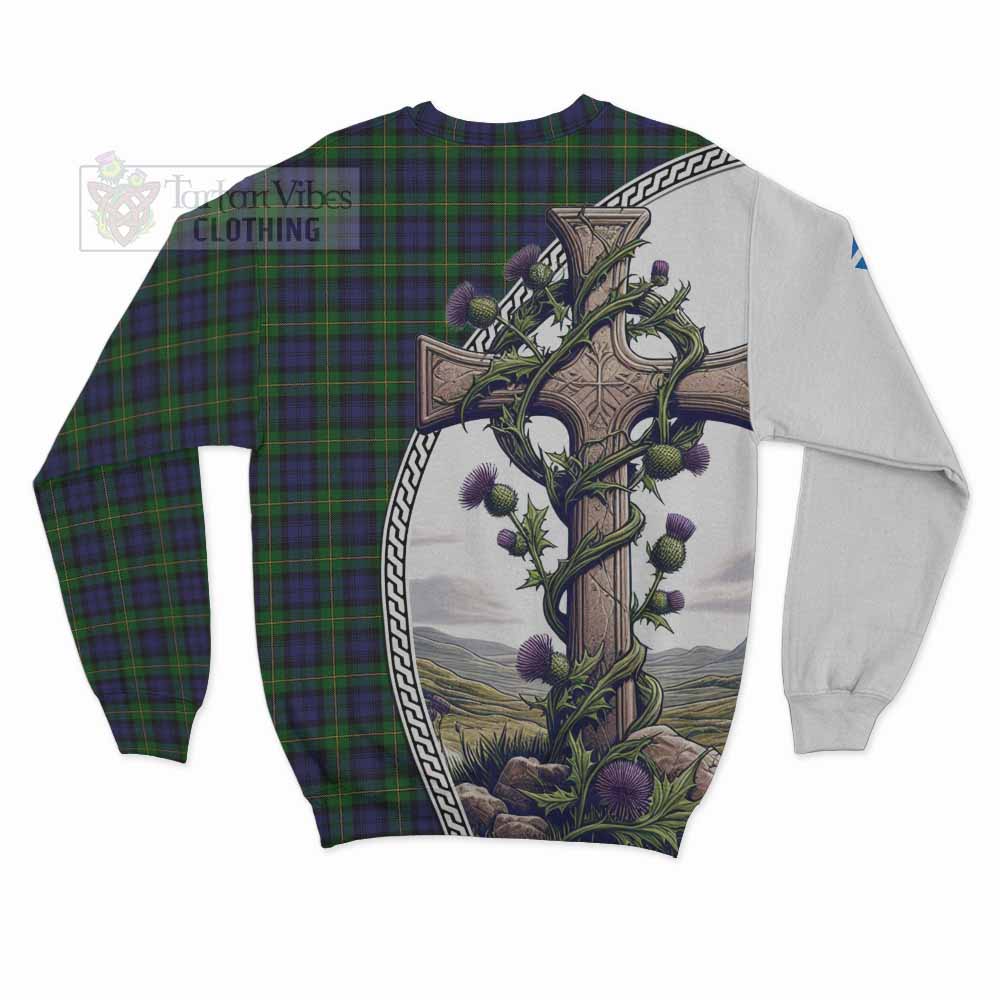 Tartan Vibes Clothing Gordon Tartan Sweatshirt with Family Crest and St. Andrew's Cross Accented by Thistle Vines