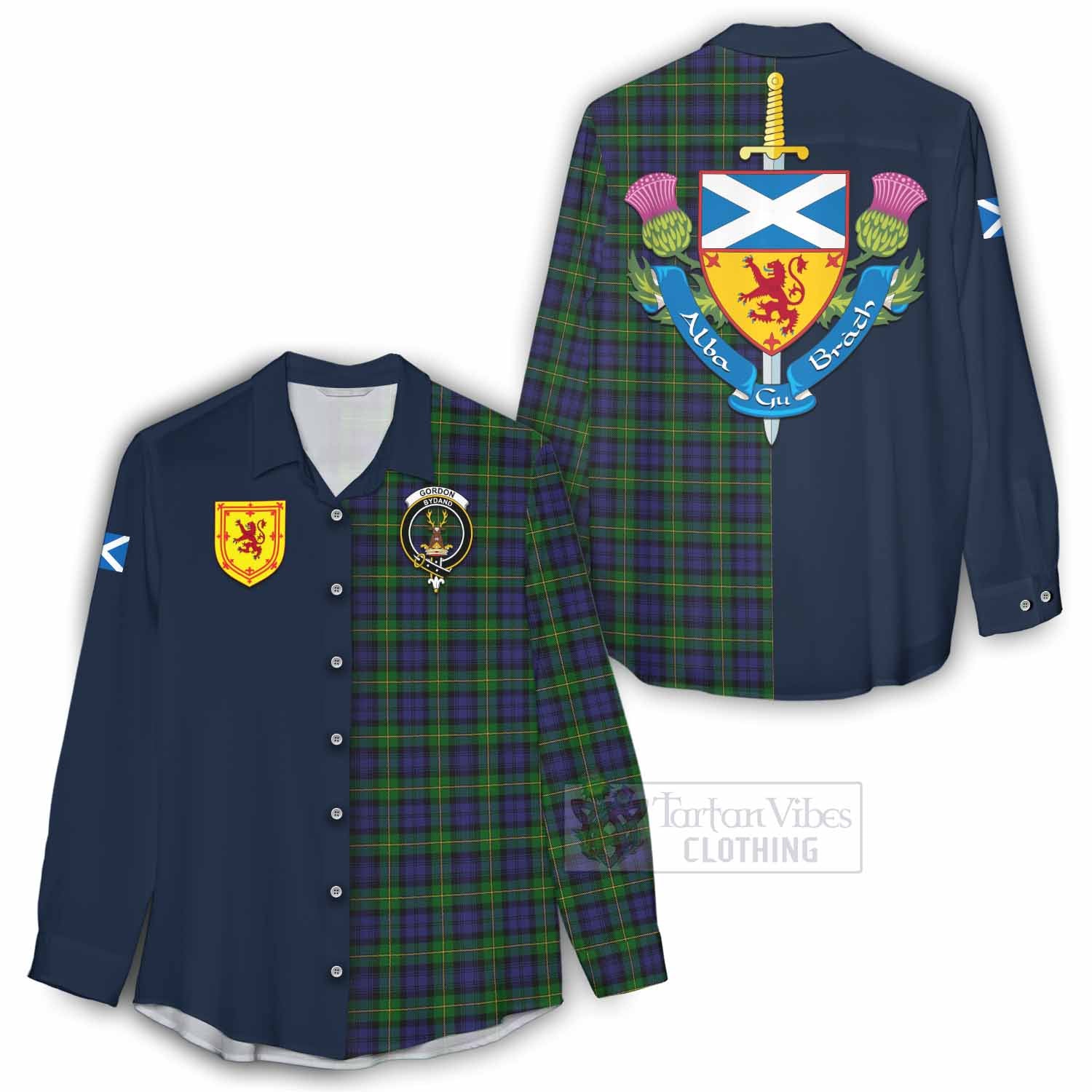 Tartan Vibes Clothing Gordon Tartan Women's Casual Shirt Alba with Scottish Lion Royal Arm Half Style