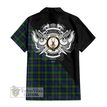 Gordon Tartan Short Sleeve Button Shirt with Family Crest and Military Logo Style