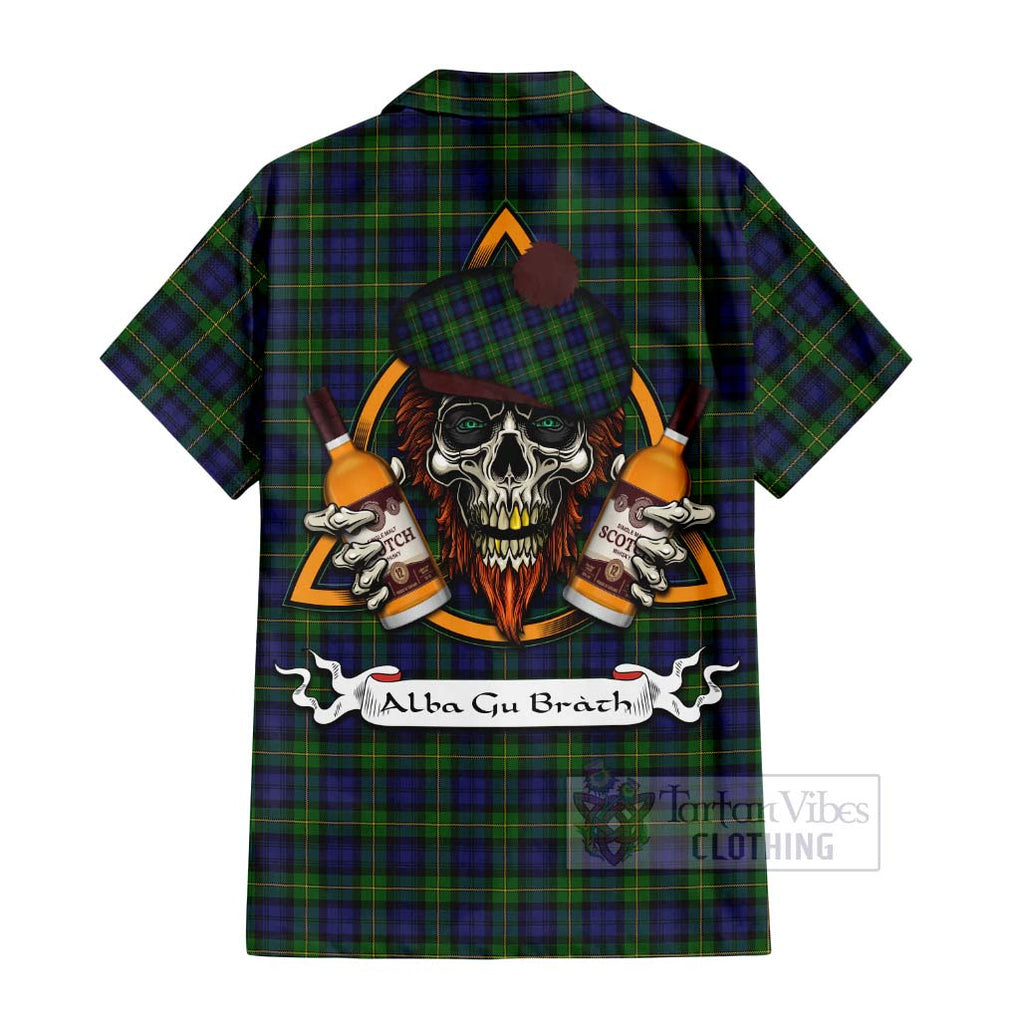 Tartan Vibes Clothing Gordon Tartan Short Sleeve Button Shirt with Family Crest and Bearded Skull Holding Bottles of Whiskey