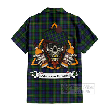 Gordon Tartan Short Sleeve Button Shirt with Family Crest and Bearded Skull Holding Bottles of Whiskey