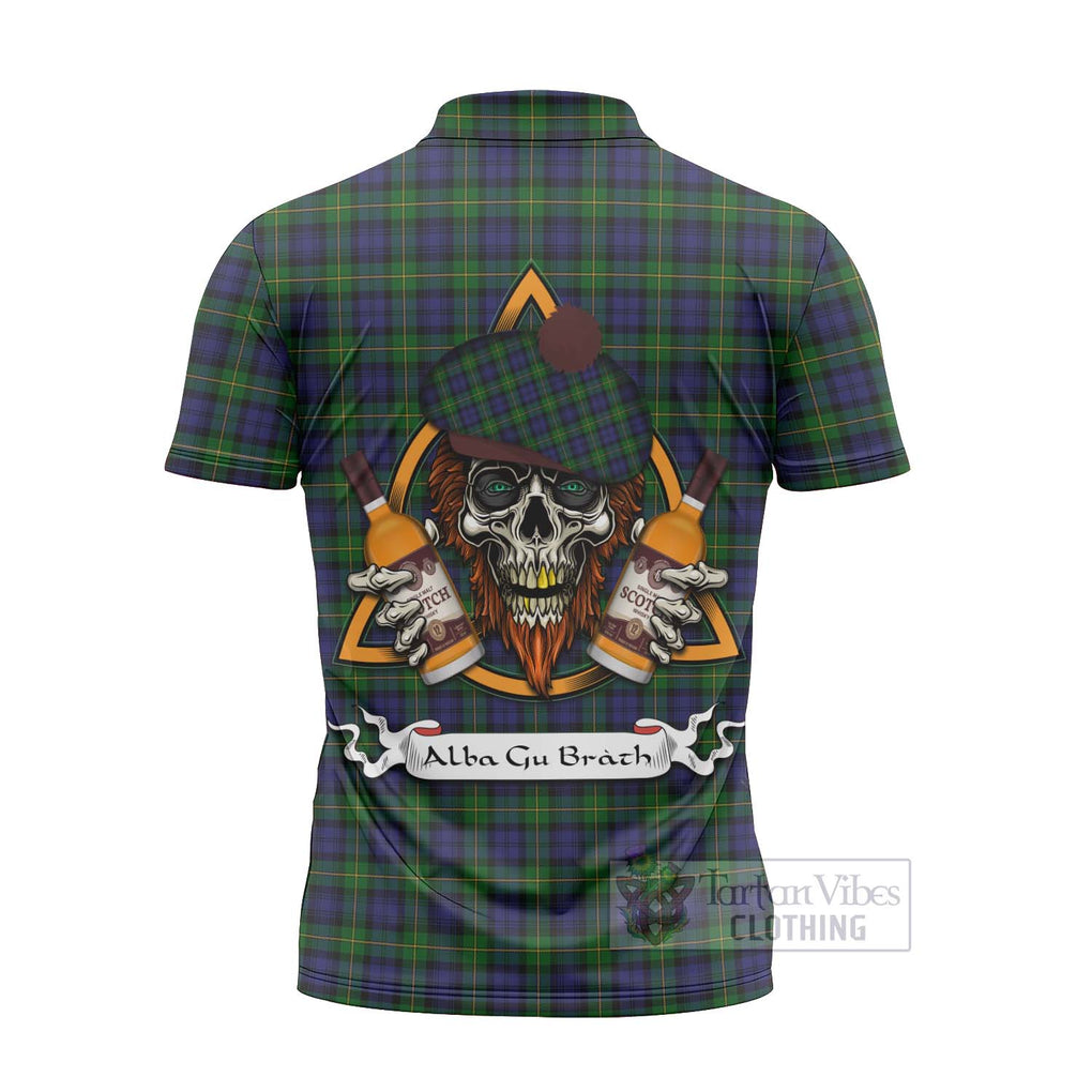 Tartan Vibes Clothing Gordon Tartan Zipper Polo Shirt with Family Crest and Bearded Skull Holding Bottles of Whiskey