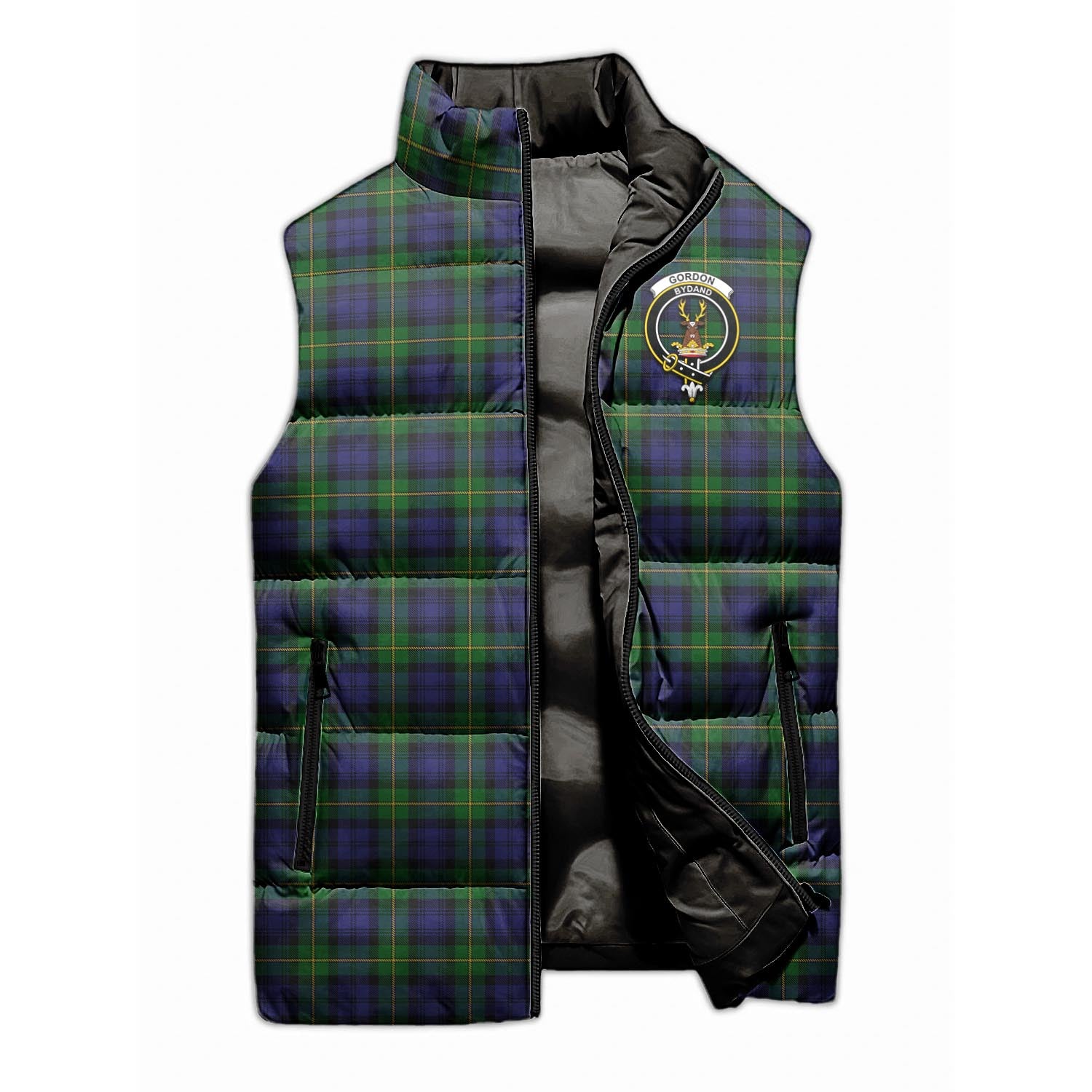 Gordon Tartan Sleeveless Puffer Jacket with Family Crest - Tartanvibesclothing