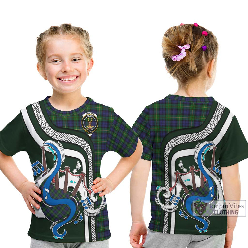 Tartan Vibes Clothing Gordon Tartan Kid T-Shirt with Epic Bagpipe Style