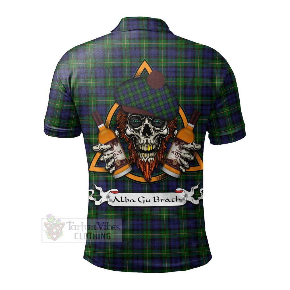 Tartan Vibes Clothing Gordon Tartan Polo Shirt with Family Crest and Bearded Skull Holding Bottles of Whiskey