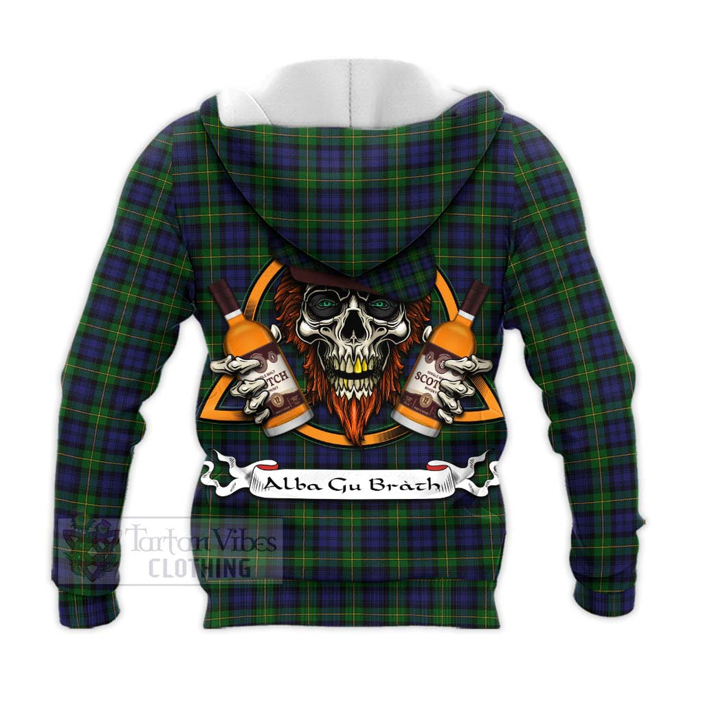 Tartan Vibes Clothing Gordon Tartan Knitted Hoodie with Family Crest and Bearded Skull Holding Bottles of Whiskey