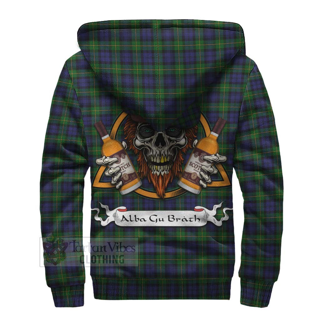 Tartan Vibes Clothing Gordon Tartan Sherpa Hoodie with Family Crest and Bearded Skull Holding Bottles of Whiskey