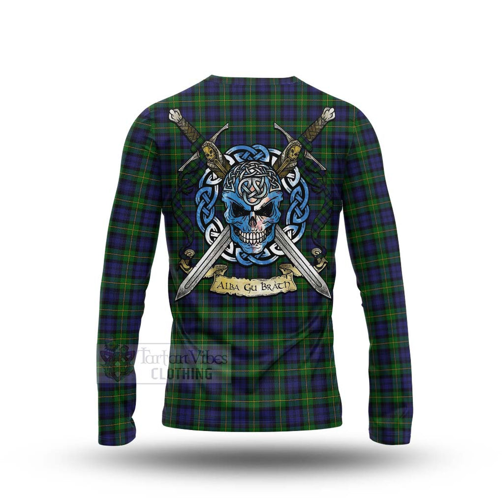 Tartan Vibes Clothing Gordon Tartan Long Sleeve T-Shirt with Family Crest Celtic Skull Style