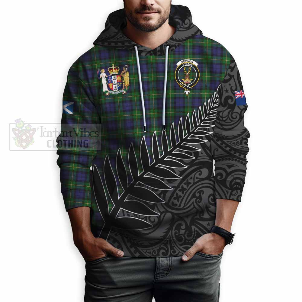 Tartan Vibes Clothing Gordon Crest Tartan Hoodie with New Zealand Silver Fern Half Style