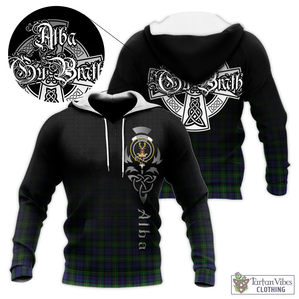 Tartan Vibes Clothing Gordon Tartan Knitted Hoodie Featuring Alba Gu Brath Family Crest Celtic Inspired