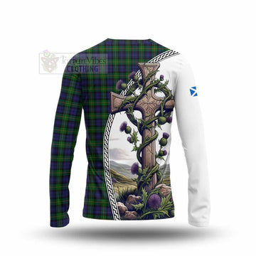 Gordon Tartan Long Sleeve T-Shirt with Family Crest and St. Andrew's Cross Accented by Thistle Vines