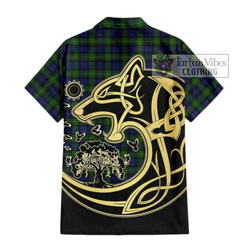 Gordon Tartan Short Sleeve Button Shirt with Family Crest Celtic Wolf Style