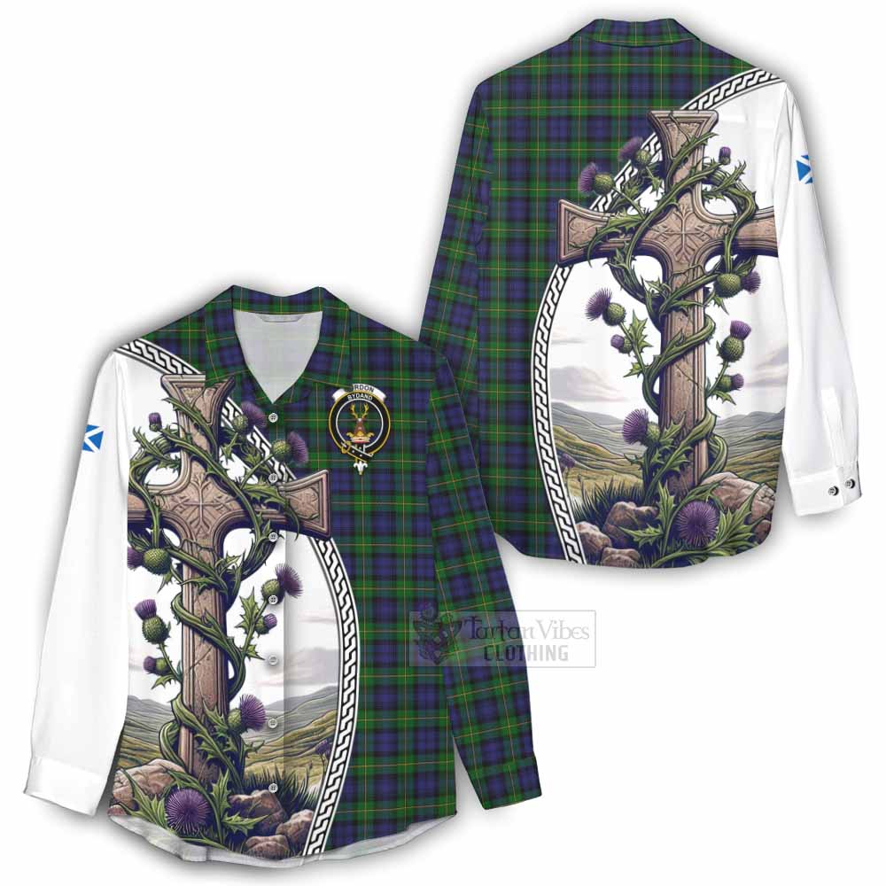 Tartan Vibes Clothing Gordon Tartan Women's Casual Shirt with Family Crest and St. Andrew's Cross Accented by Thistle Vines