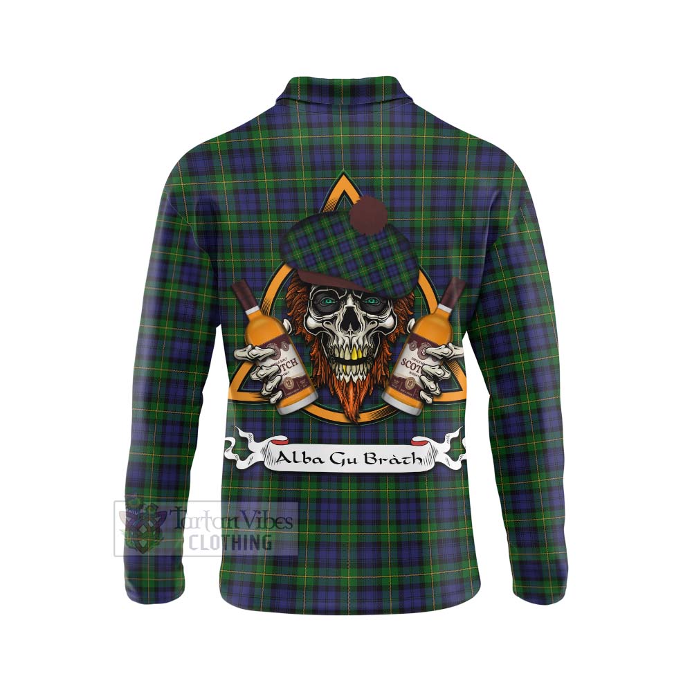 Tartan Vibes Clothing Gordon Tartan Long Sleeve Polo Shirt with Family Crest and Bearded Skull Holding Bottles of Whiskey