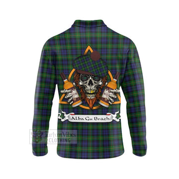 Gordon Tartan Long Sleeve Polo Shirt with Family Crest and Bearded Skull Holding Bottles of Whiskey