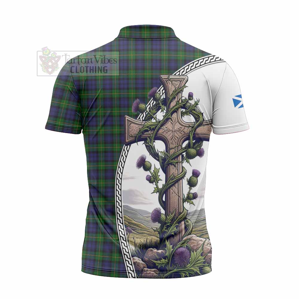 Tartan Vibes Clothing Gordon Tartan Zipper Polo Shirt with Family Crest and St. Andrew's Cross Accented by Thistle Vines