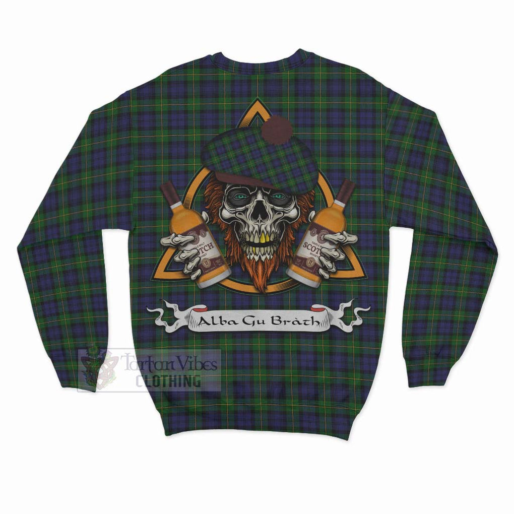 Tartan Vibes Clothing Gordon Tartan Sweatshirt with Family Crest and Bearded Skull Holding Bottles of Whiskey