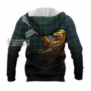 Gordon Crest Tartan Knitted Hoodie with Golden Lion Emblem Celtic Style - Tartan Vibes Clothing