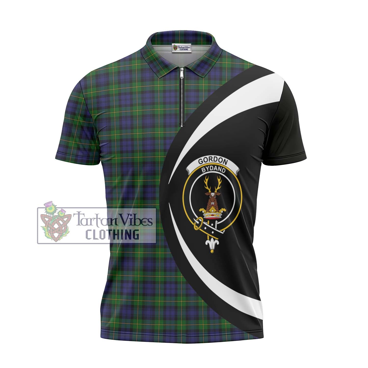 Tartan Vibes Clothing Gordon Tartan Zipper Polo Shirt with Family Crest Circle Style