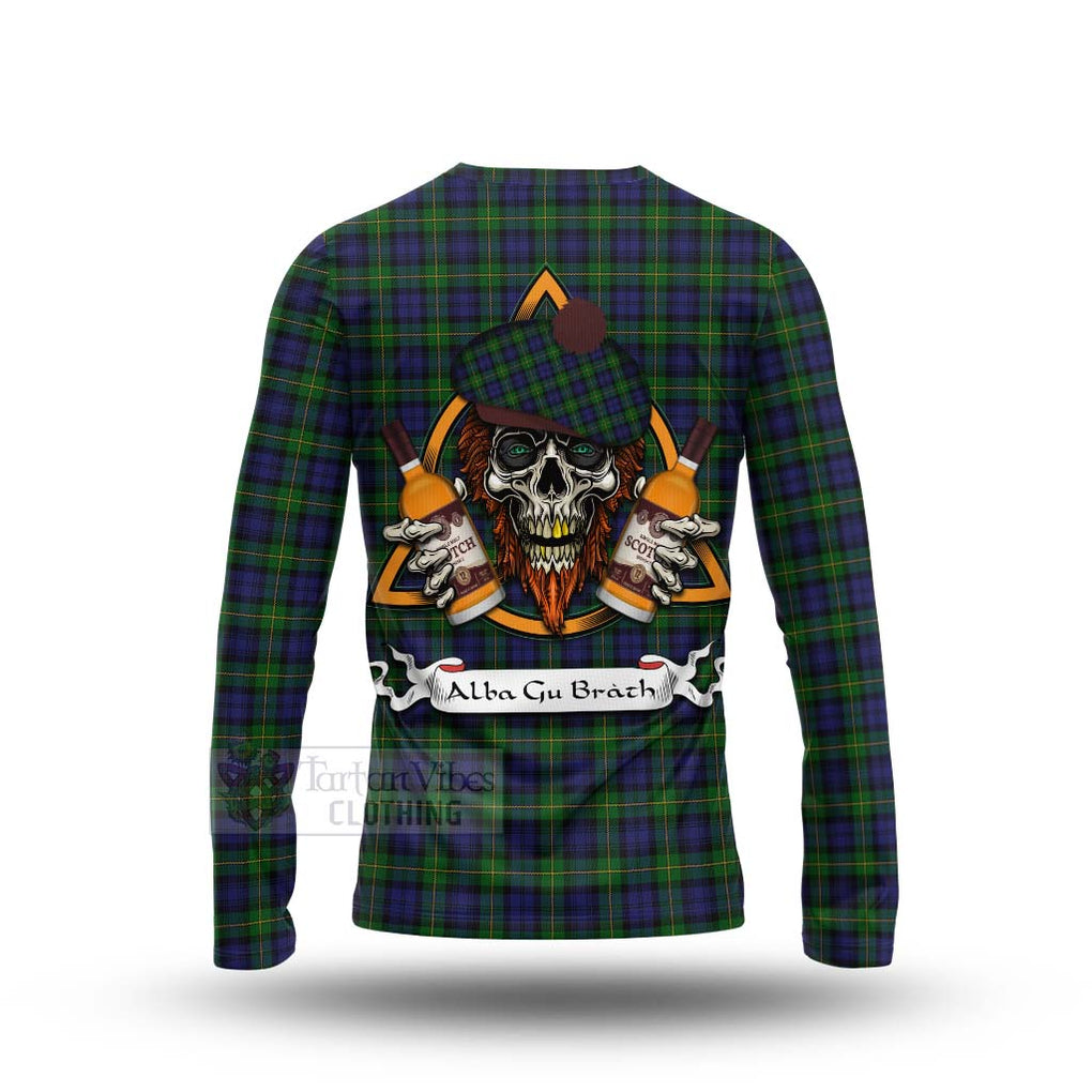 Tartan Vibes Clothing Gordon Tartan Long Sleeve T-Shirt with Family Crest and Bearded Skull Holding Bottles of Whiskey