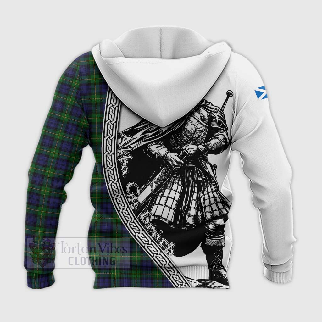 Tartan Vibes Clothing Gordon Tartan Clan Crest Knitted Hoodie with Highlander Warrior Celtic Style