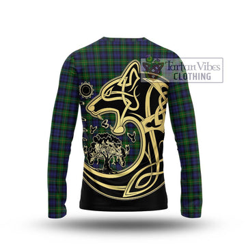 Gordon Tartan Long Sleeve T-Shirt with Family Crest Celtic Wolf Style - Tartan Vibes Clothing